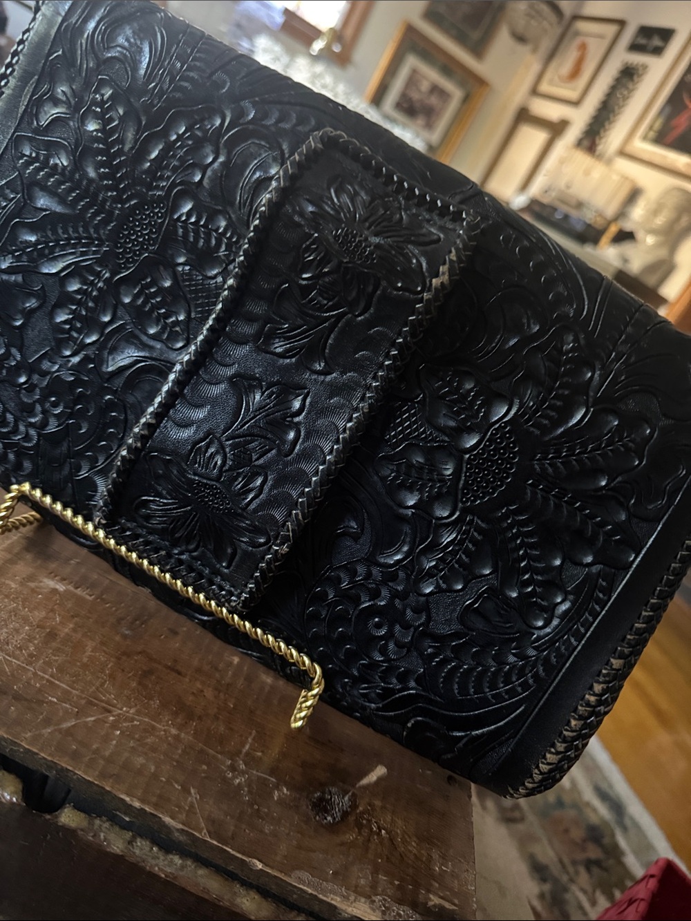 Vintage Black Tooled Leather Clutch with Brass Turn-Lock - Picture 5 of 7